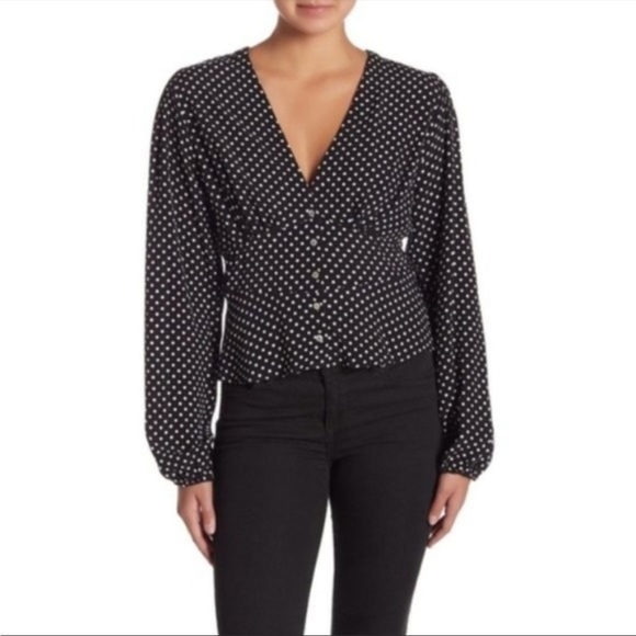 Free People Love Street Polka Dot Blouse Woman’s Large Black White Button Front - Picture 2 of 8